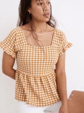 Madewell Gingham Peplum Top Yellow & White Small